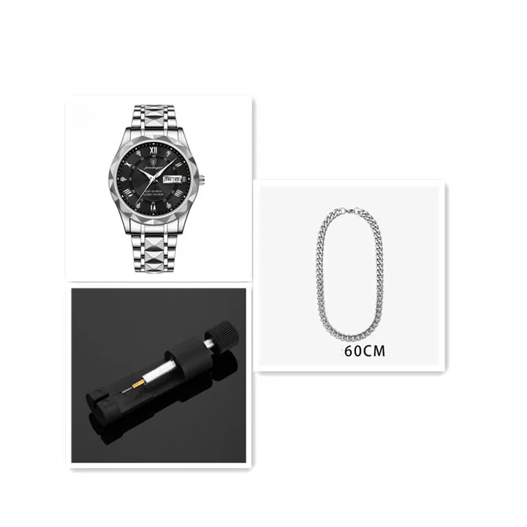 Men's waterproof double calendar luminous quartz watch with stainless steel strap and black dial