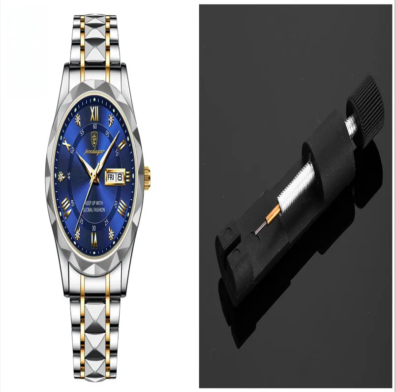 Men's waterproof double calendar luminous quartz watch with stainless steel strap and black dial