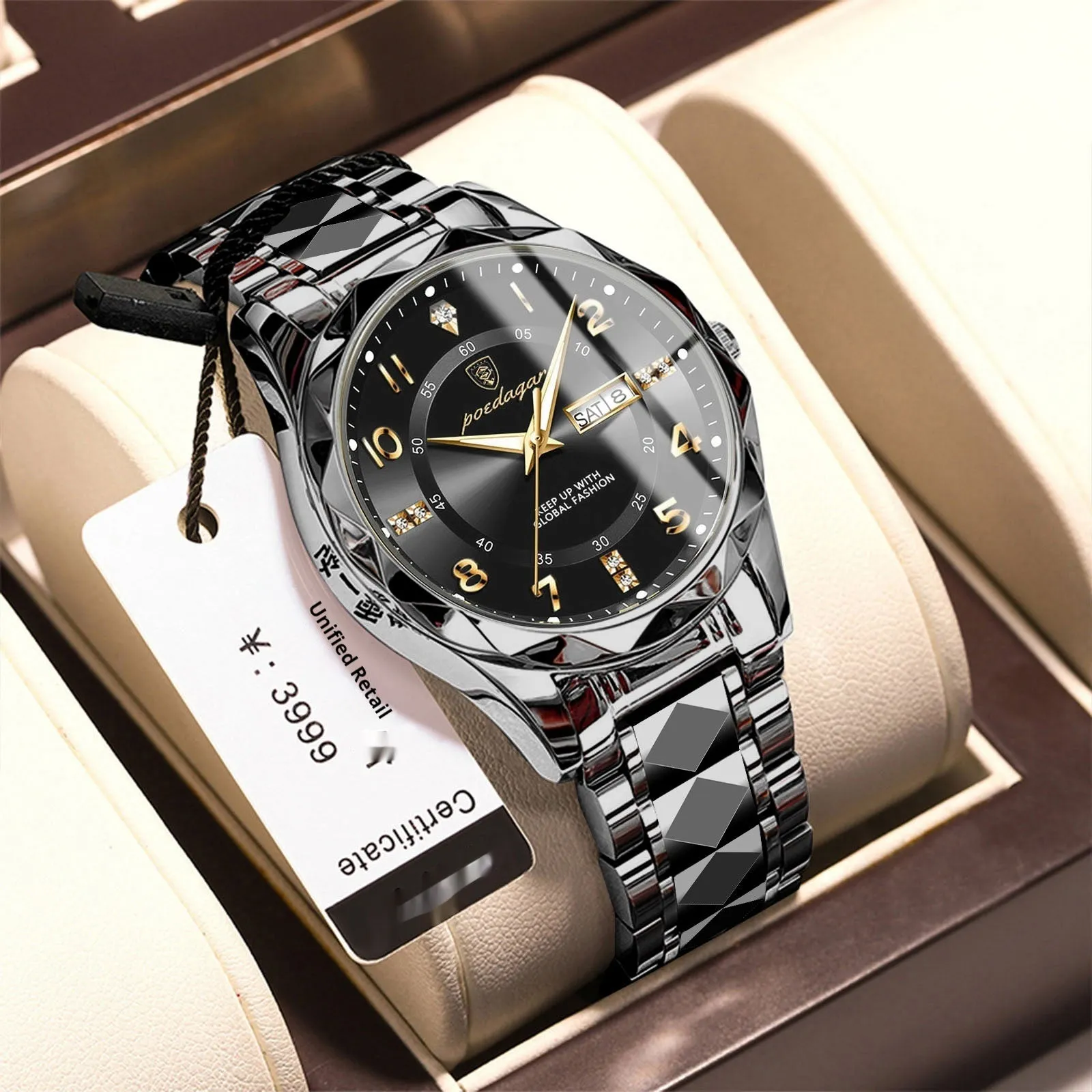 Men's waterproof double calendar luminous quartz watch with stainless steel strap and black dial