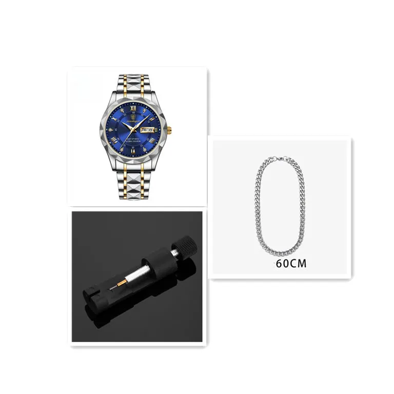 Men's waterproof double calendar luminous quartz watch with stainless steel strap and black dial