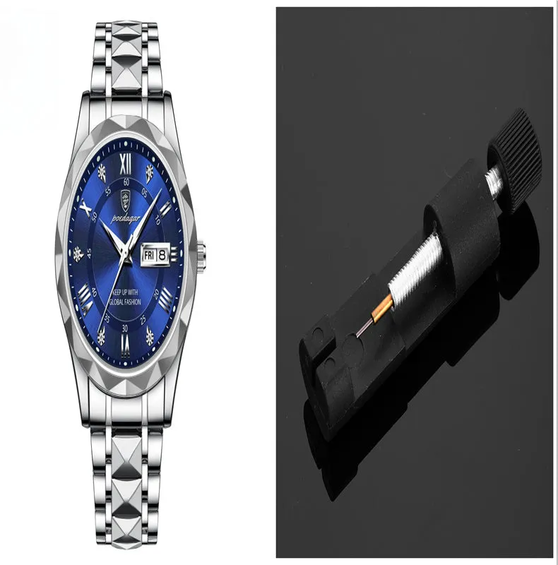 Men's waterproof double calendar luminous quartz watch with stainless steel strap and black dial