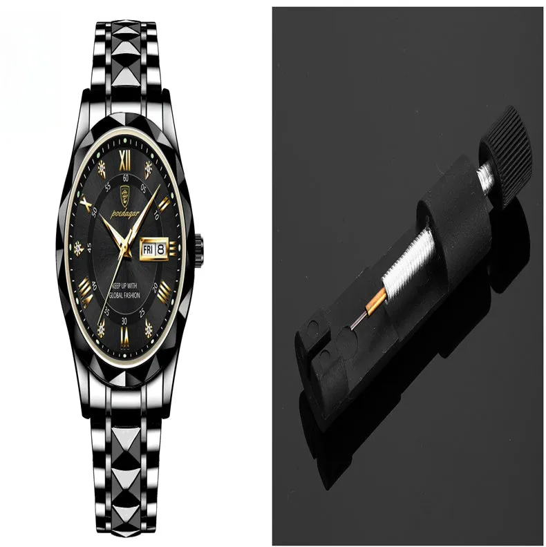 Men's waterproof double calendar luminous quartz watch with stainless steel strap and black dial