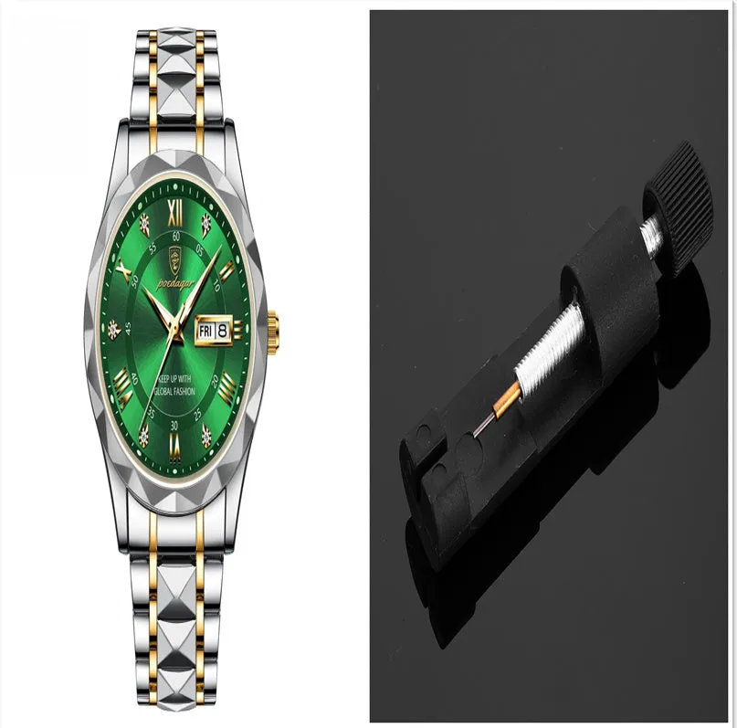 Men's waterproof double calendar luminous quartz watch with stainless steel strap and black dial