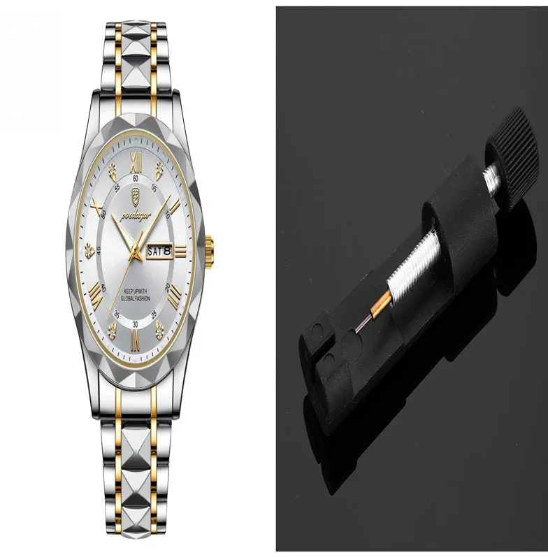 Men's waterproof double calendar luminous quartz watch with stainless steel strap and black dial