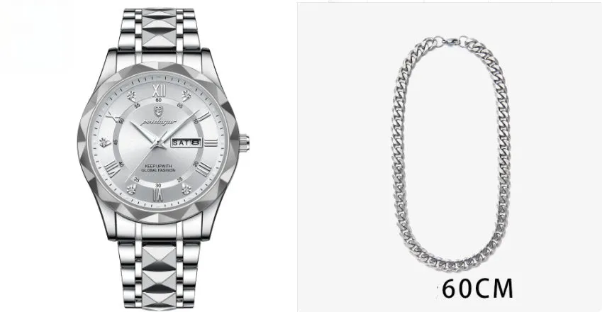 Men's waterproof double calendar luminous quartz watch with stainless steel strap and black dial