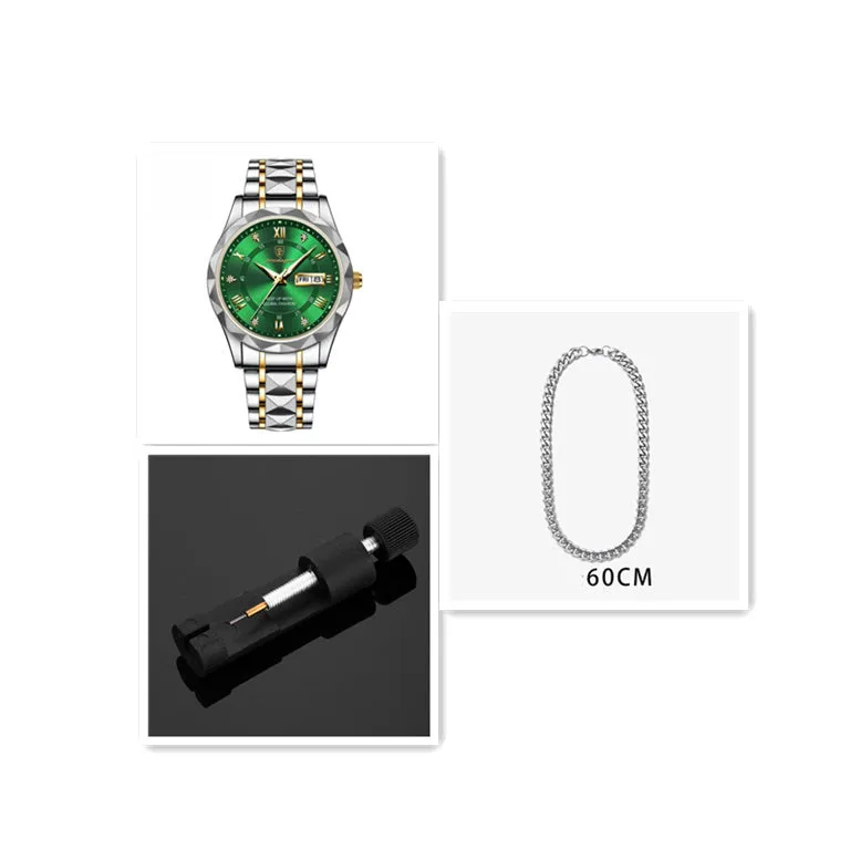 Men's waterproof double calendar luminous quartz watch with stainless steel strap and black dial