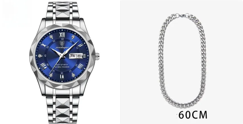 Men's waterproof double calendar luminous quartz watch with stainless steel strap and black dial