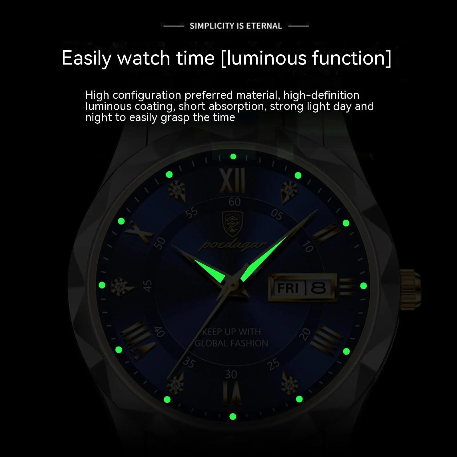 Men's waterproof double calendar luminous quartz watch with stainless steel strap and black dial
