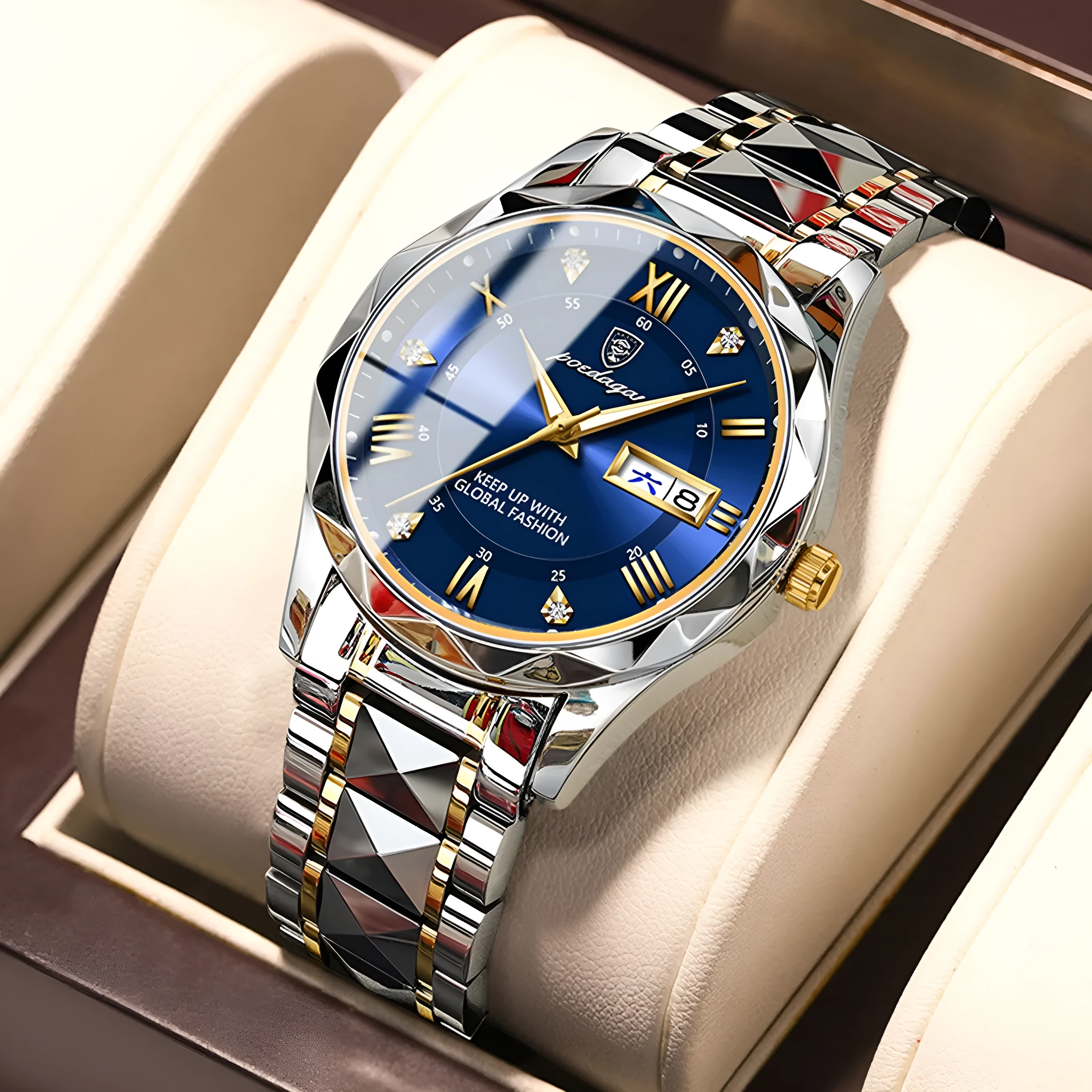 Men's waterproof double calendar luminous quartz watch with stainless steel strap and black dial