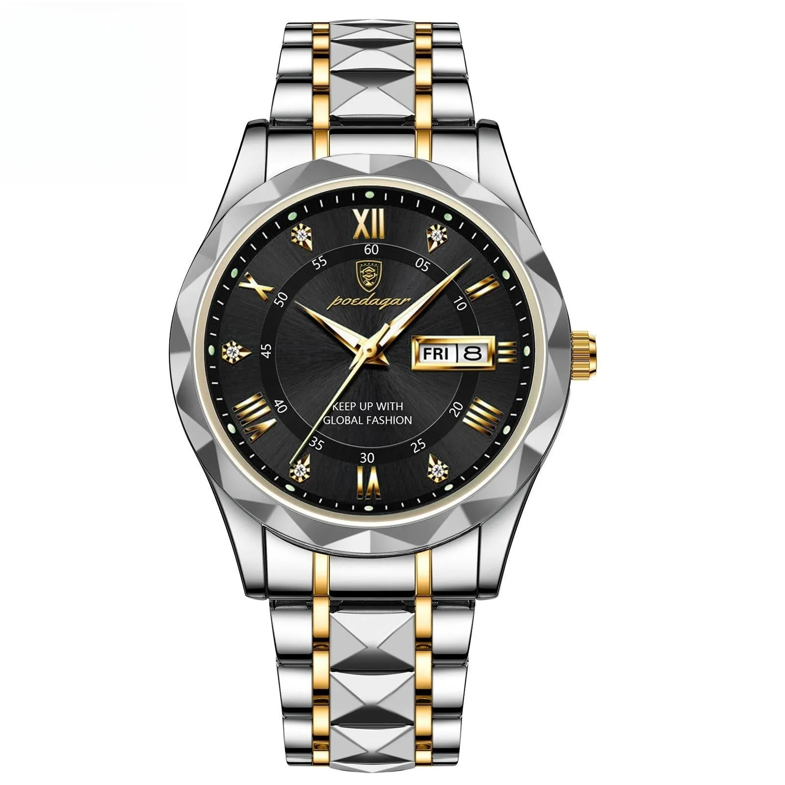 Men's waterproof double calendar luminous quartz watch with stainless steel strap and black dial