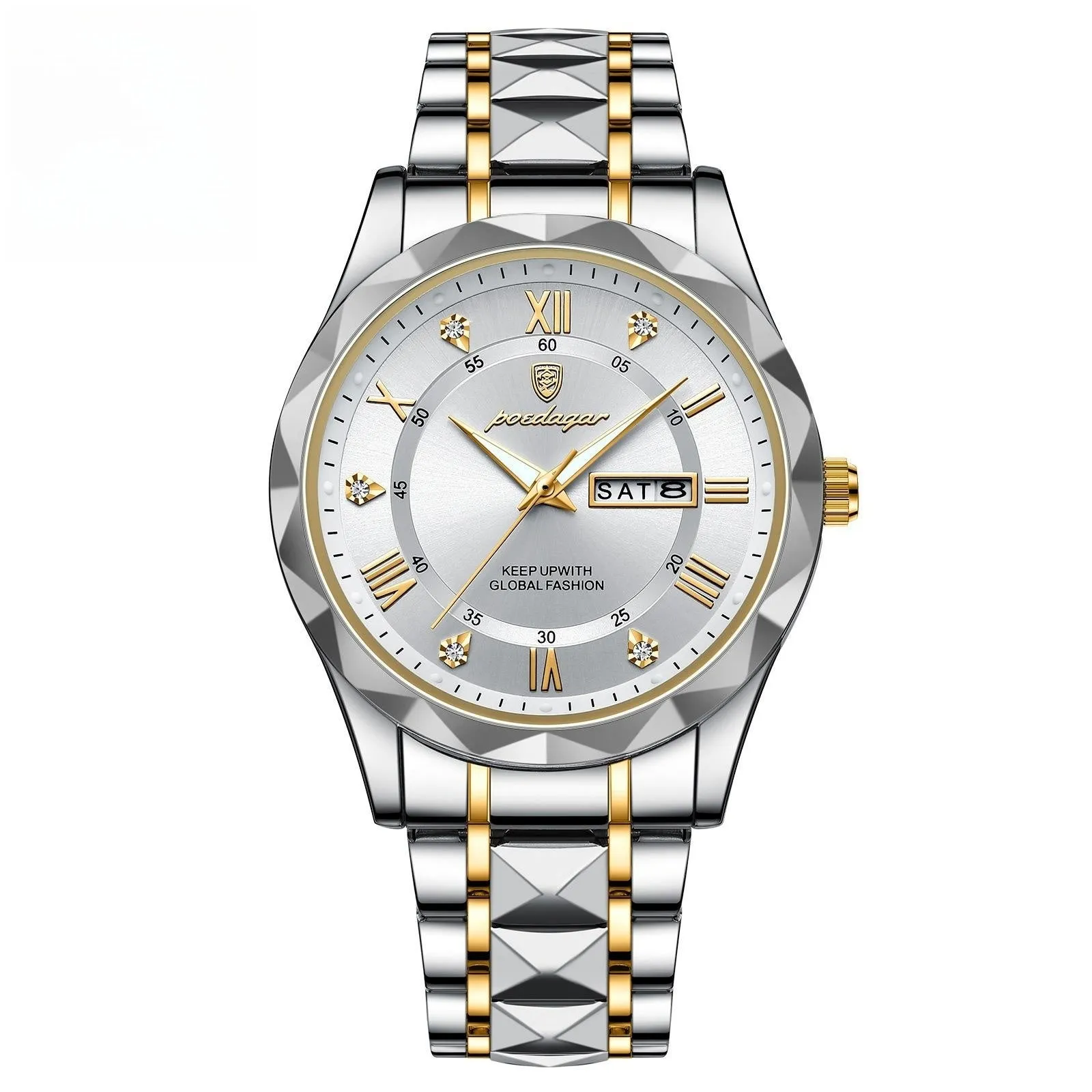 Men's waterproof double calendar luminous quartz watch with stainless steel strap and black dial