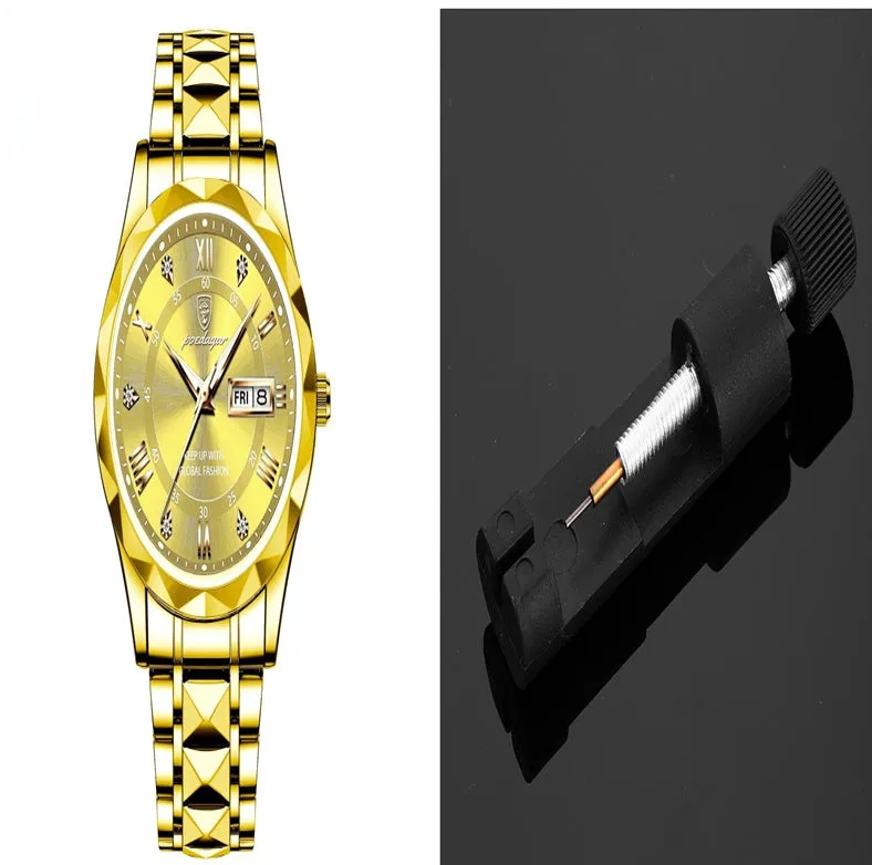 Men's waterproof double calendar luminous quartz watch with stainless steel strap and black dial