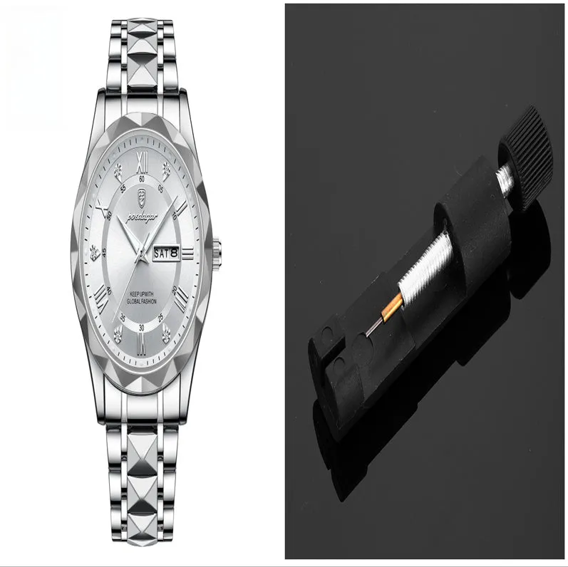 Men's waterproof double calendar luminous quartz watch with stainless steel strap and black dial