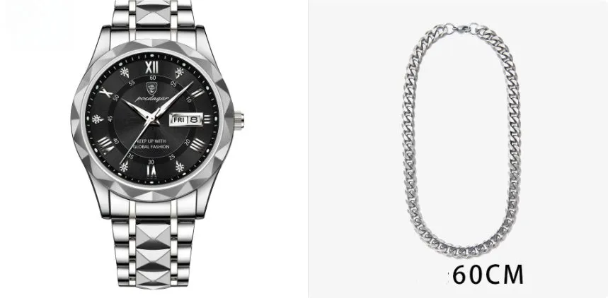 Men's waterproof double calendar luminous quartz watch with stainless steel strap and black dial