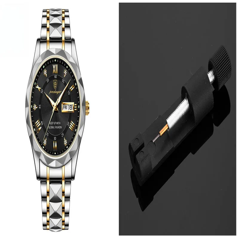 Men's waterproof double calendar luminous quartz watch with stainless steel strap and black dial