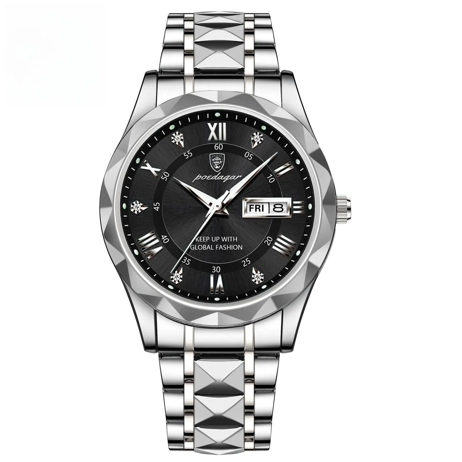 Men's waterproof double calendar luminous quartz watch with stainless steel strap and black dial