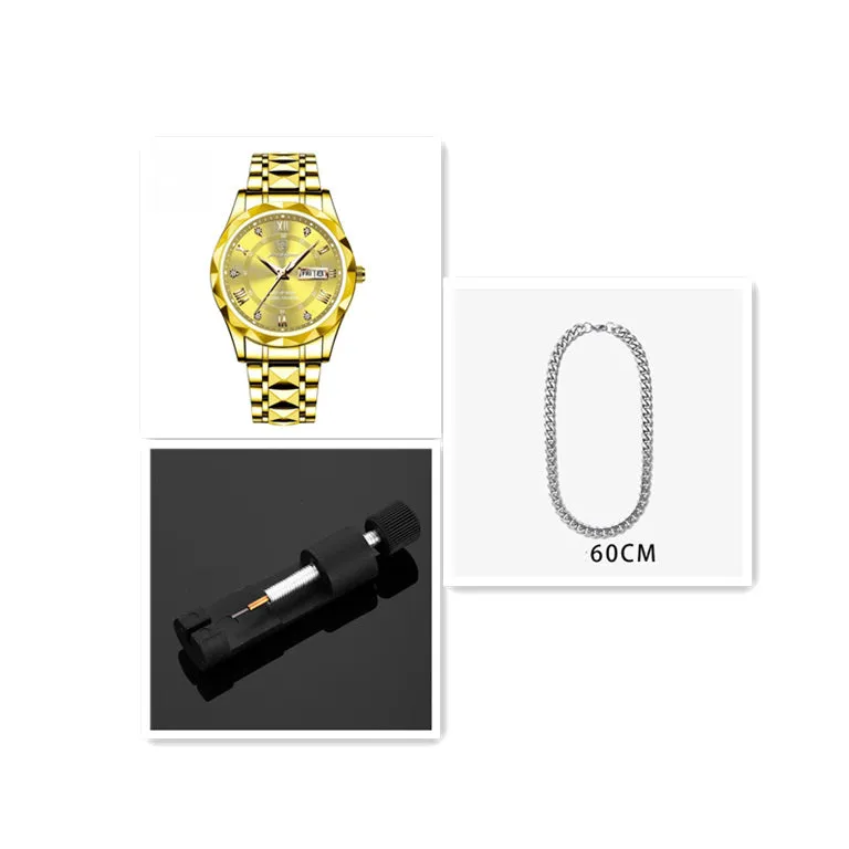 Men's waterproof double calendar luminous quartz watch with stainless steel strap and black dial
