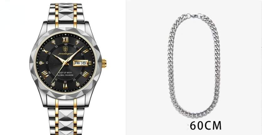 Men's waterproof double calendar luminous quartz watch with stainless steel strap and black dial