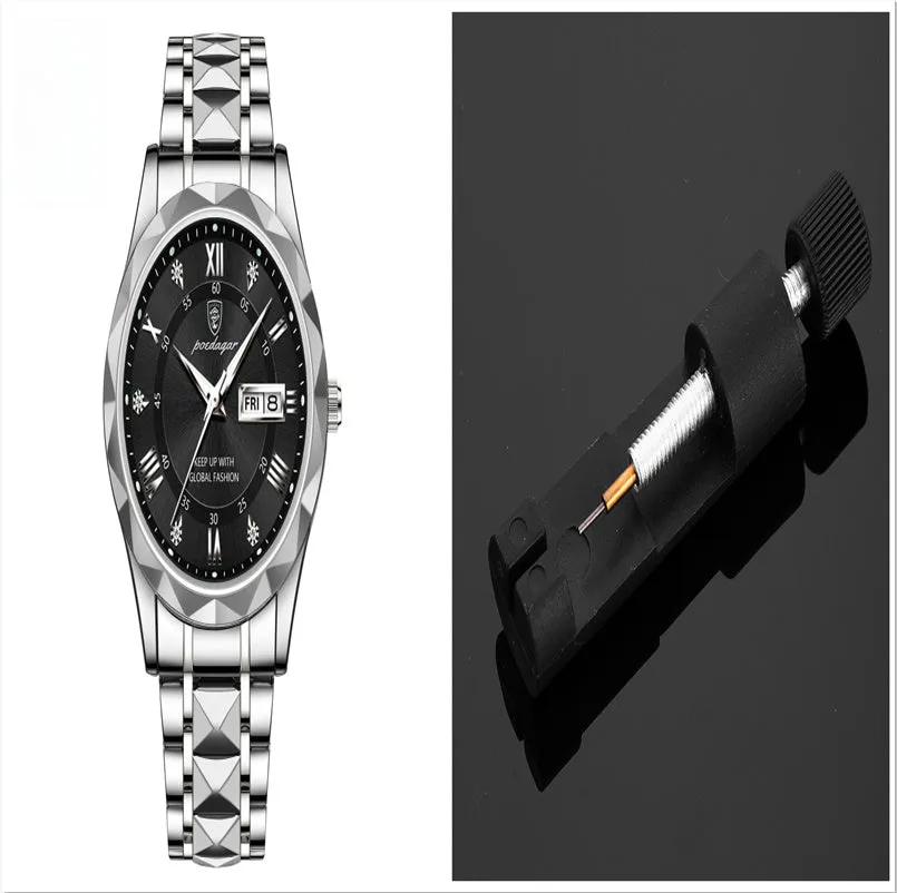 Men's waterproof double calendar luminous quartz watch with stainless steel strap and black dial