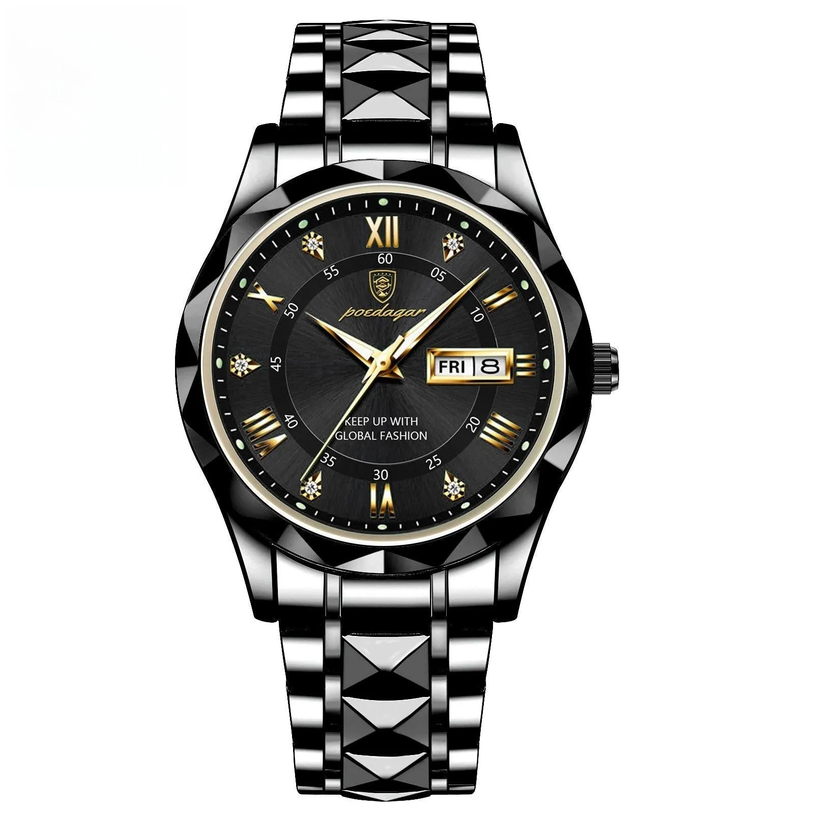 Men's waterproof double calendar luminous quartz watch with stainless steel strap and black dial
