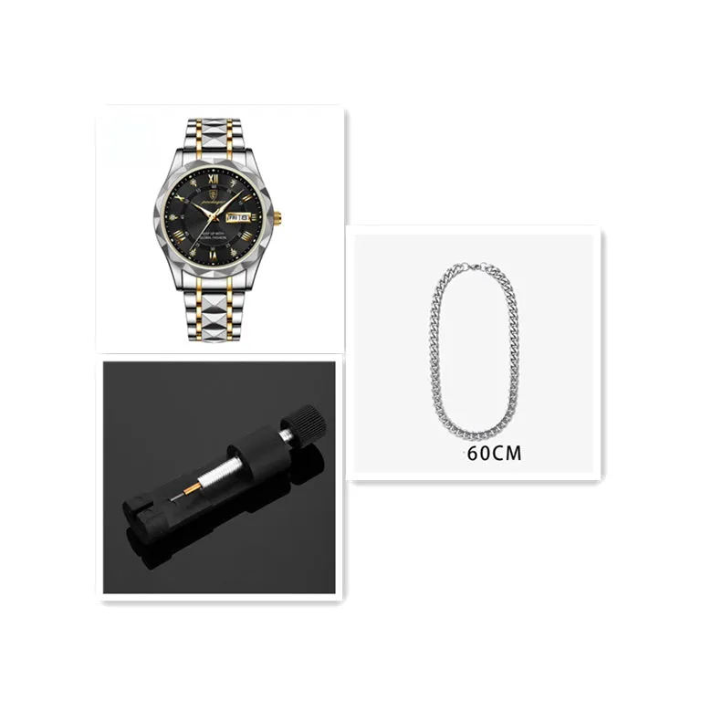 Men's waterproof double calendar luminous quartz watch with stainless steel strap and black dial