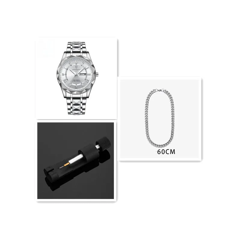 Men's waterproof double calendar luminous quartz watch with stainless steel strap and black dial