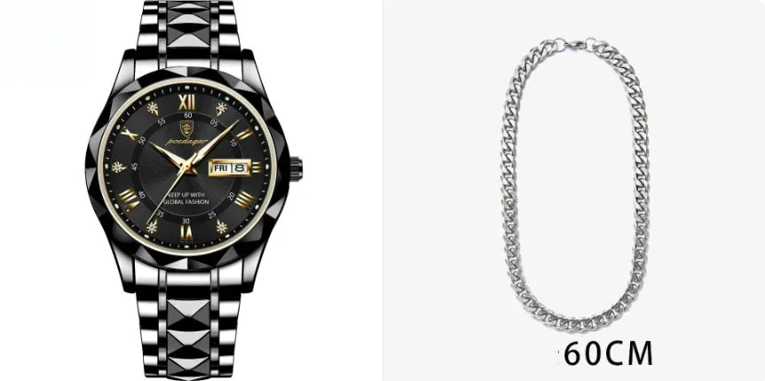 Men's waterproof double calendar luminous quartz watch with stainless steel strap and black dial