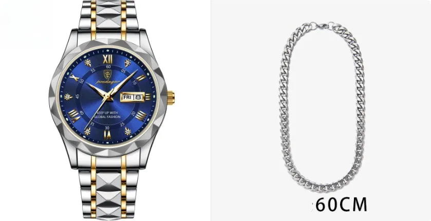 Men's waterproof double calendar luminous quartz watch with stainless steel strap and black dial