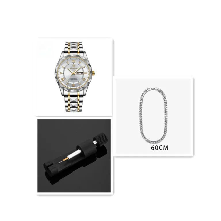 Men's waterproof double calendar luminous quartz watch with stainless steel strap and black dial