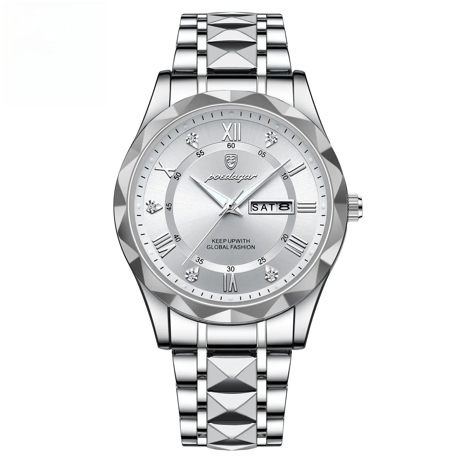 Men's waterproof double calendar luminous quartz watch with stainless steel strap and black dial