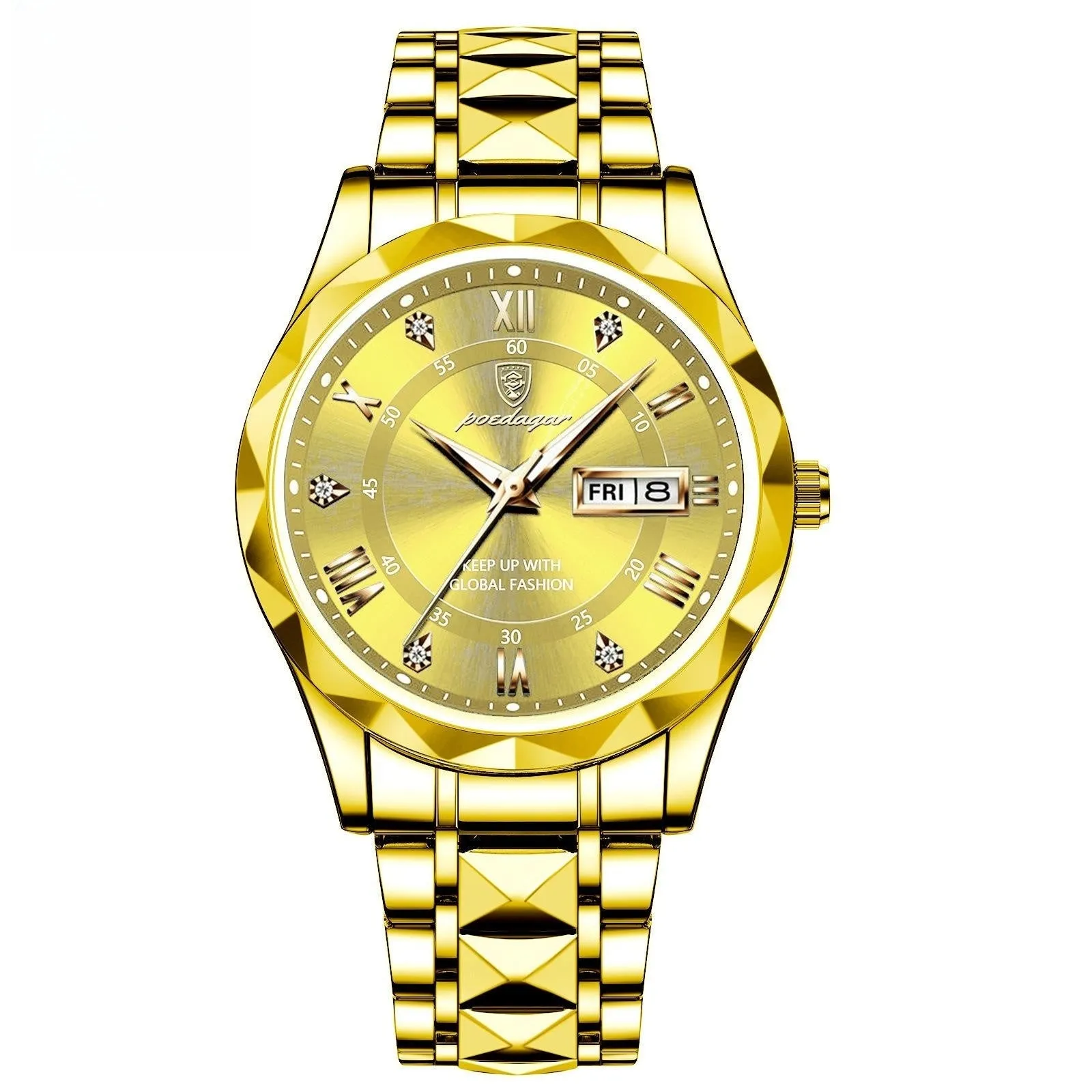 Men's waterproof double calendar luminous quartz watch with stainless steel strap and black dial
