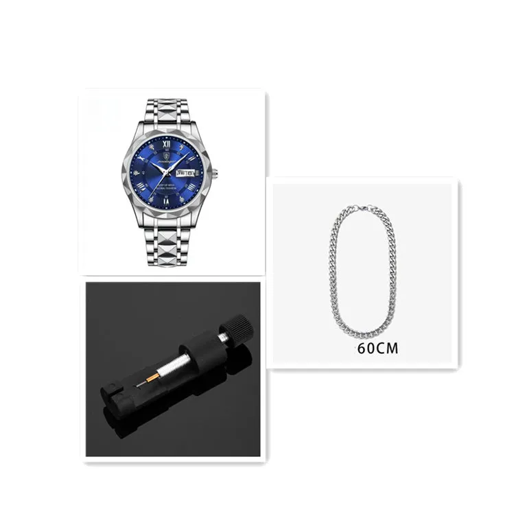 Men's waterproof double calendar luminous quartz watch with stainless steel strap and black dial