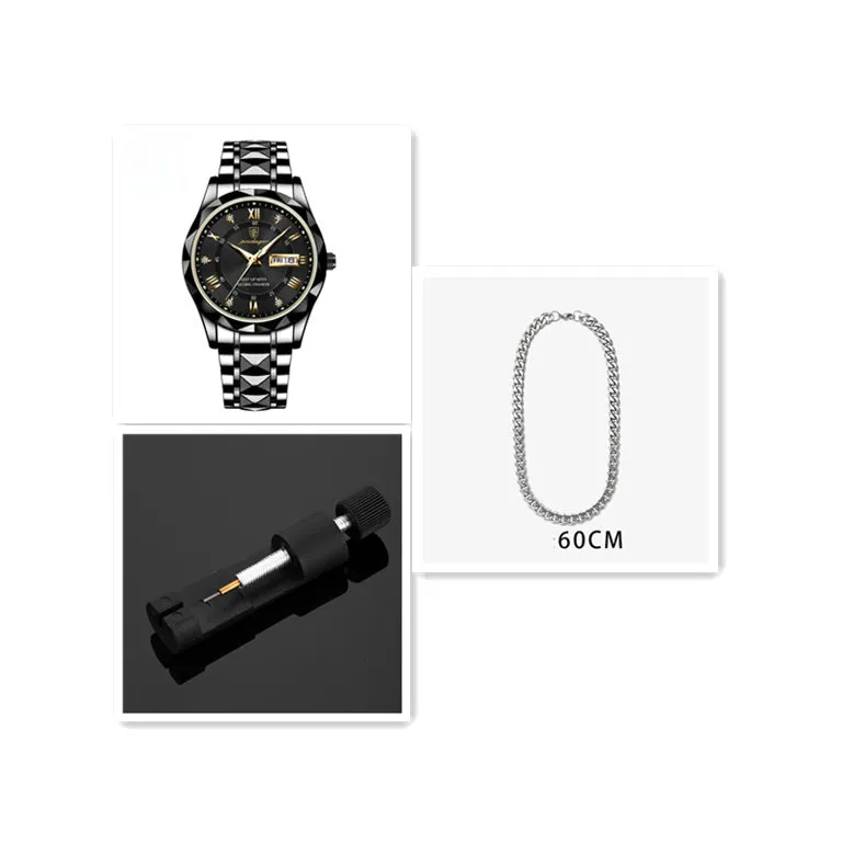 Men's waterproof double calendar luminous quartz watch with stainless steel strap and black dial