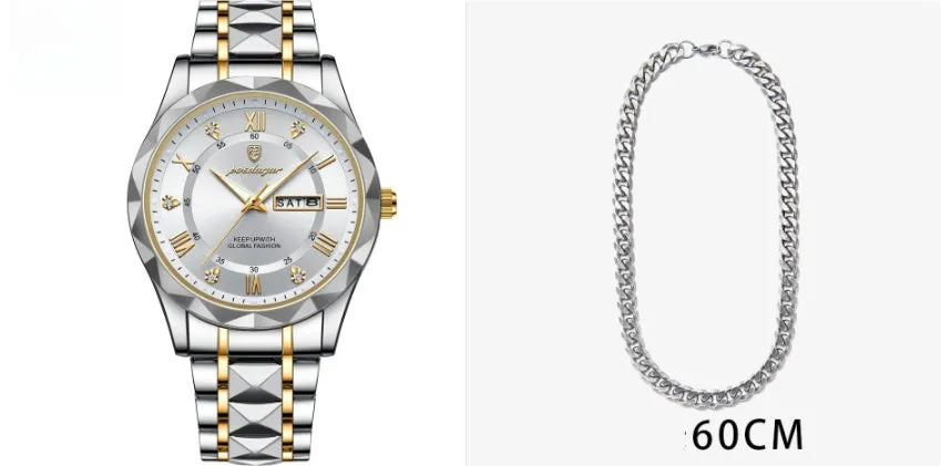 Men's waterproof double calendar luminous quartz watch with stainless steel strap and black dial