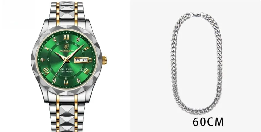 Men's waterproof double calendar luminous quartz watch with stainless steel strap and black dial