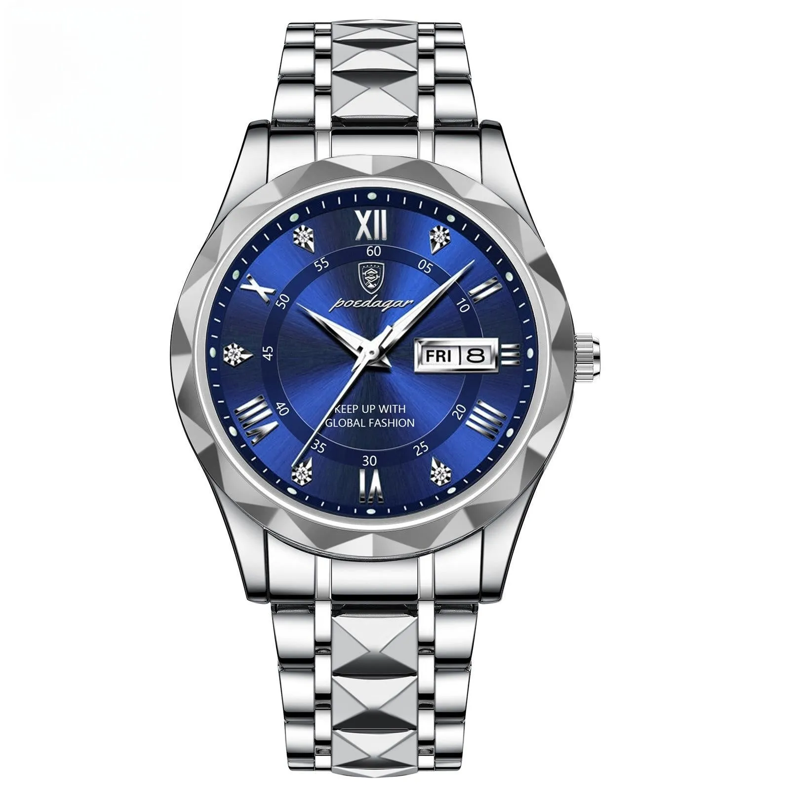 Men's waterproof double calendar luminous quartz watch with stainless steel strap and black dial