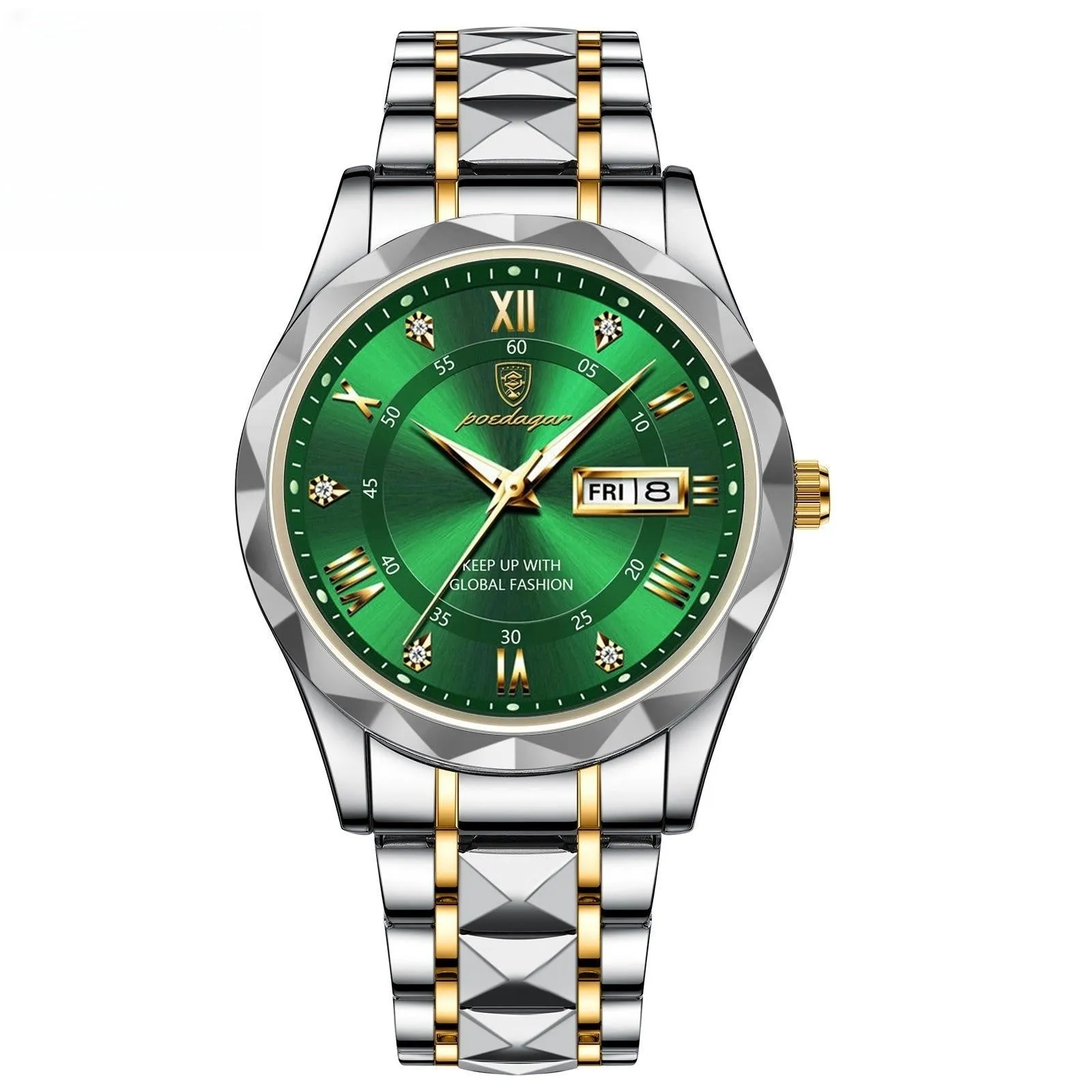 Men's waterproof double calendar luminous quartz watch with stainless steel strap and black dial