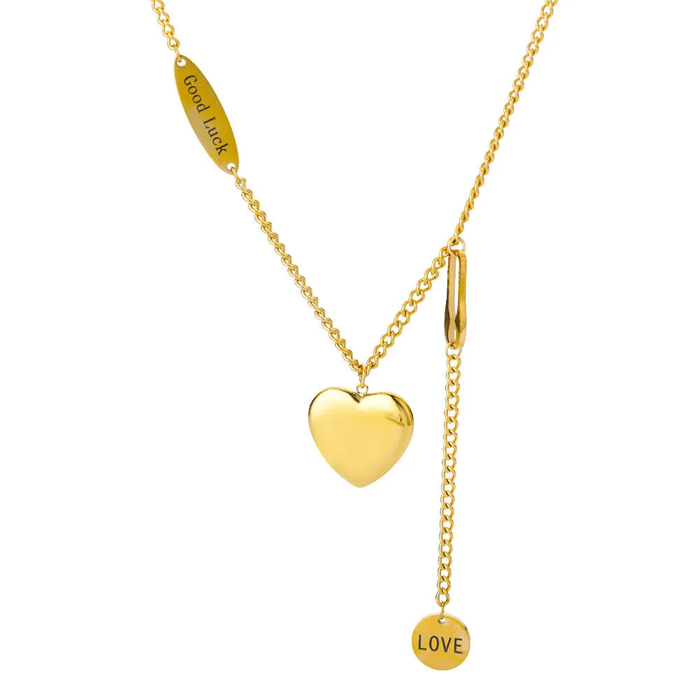Multilayer heart pendant necklace with moon and star zircon accents on copper O-ring chain