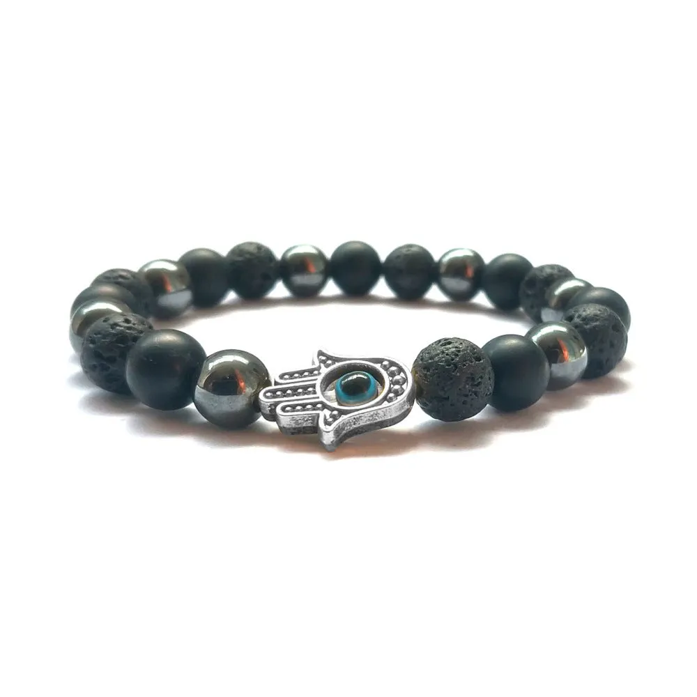Handmade stone beaded bracelet 8mm beads 18-19cm circumference electroplated alloy silver colour