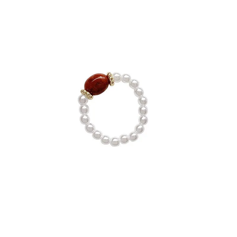 Vintage pearl ring with alloy band, synthetic stone, outer diameter 21mm, available in blue