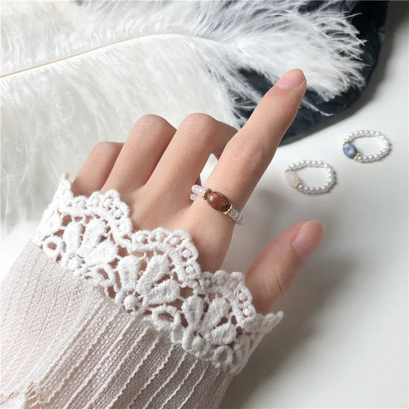 Vintage pearl ring with alloy band, synthetic stone, outer diameter 21mm, available in blue