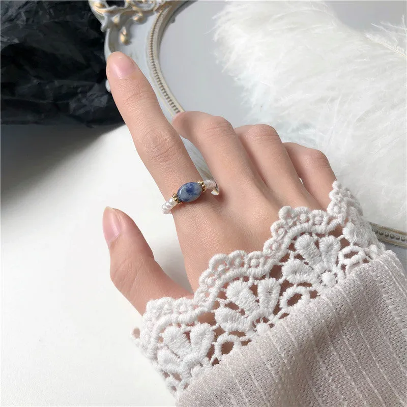 Vintage pearl ring with alloy band, synthetic stone, outer diameter 21mm, available in blue
