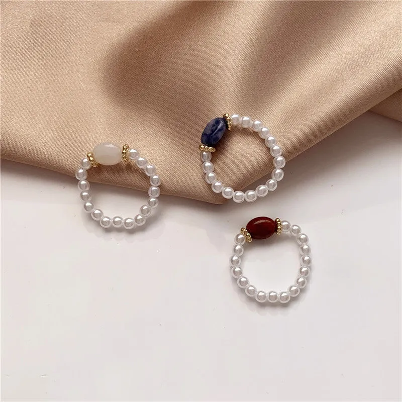 Vintage pearl ring with alloy band, synthetic stone, outer diameter 21mm, available in blue