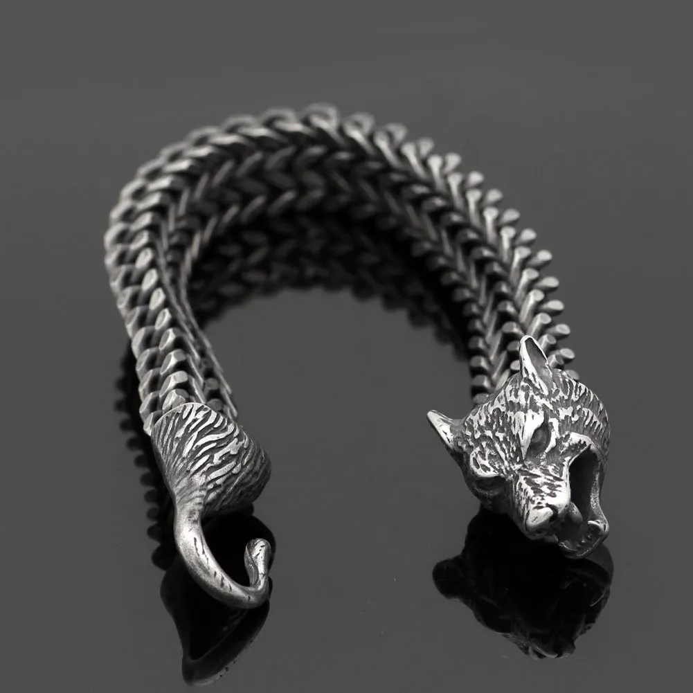 Men's titanium steel wolf head Cuban chain bracelet vintage black 21cm