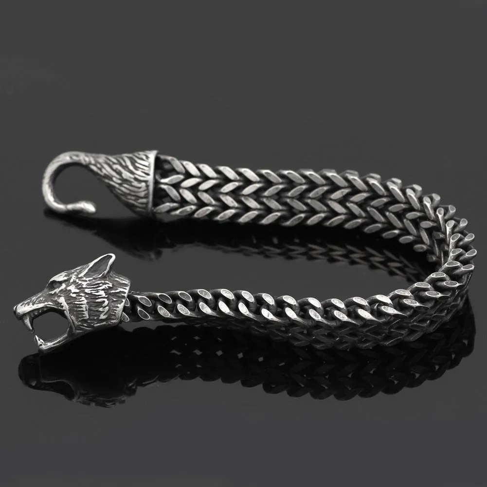 Men's titanium steel wolf head Cuban chain bracelet vintage black 21cm
