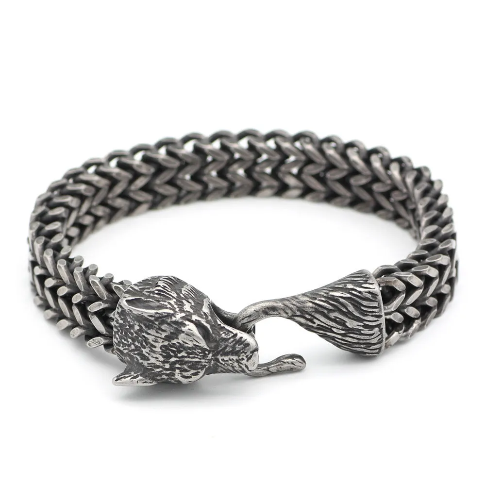 Men's titanium steel wolf head Cuban chain bracelet vintage black 21cm