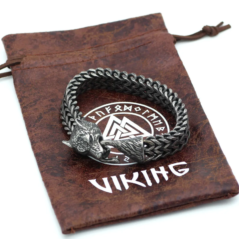 Men's titanium steel wolf head Cuban chain bracelet vintage black 21cm