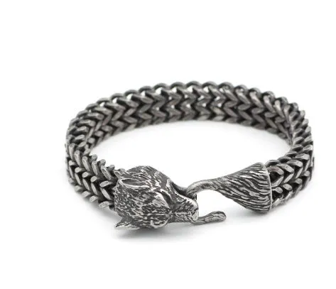 Men's titanium steel wolf head Cuban chain bracelet vintage black 21cm