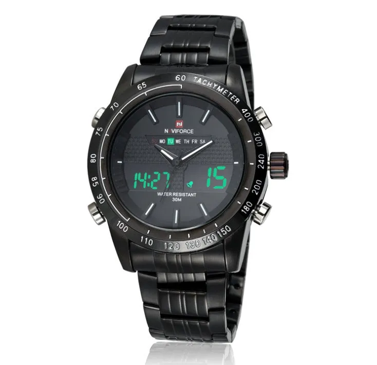 Naviforce 9024 men's sports wrist watch with black alloy strap, 46mm round dial, and luminous hands