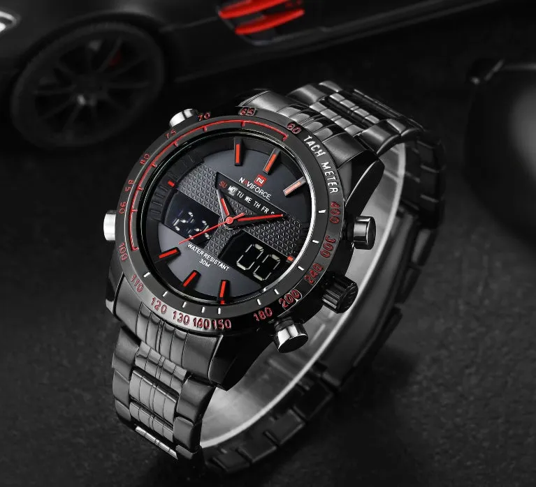 Naviforce 9024 men's sports wrist watch with black alloy strap, 46mm round dial, and luminous hands